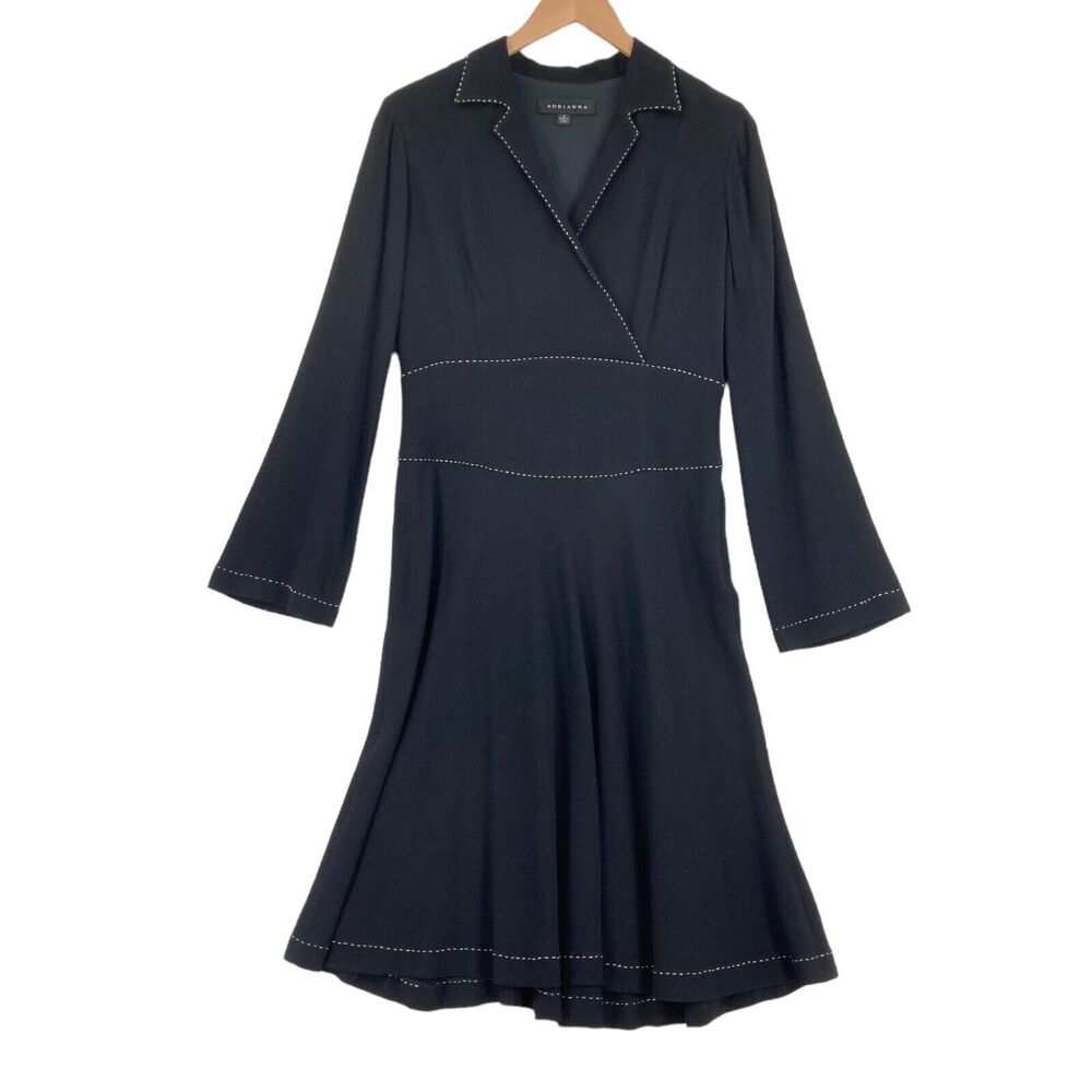 Adrianna Black Dress Size 8 Women 100% Rayon Notch Neck Long Sleeve Fit & Flare